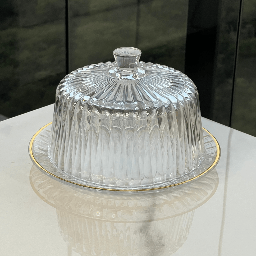 Queijeira Radial em Cristal com Tampa Fio de Ouro 20cm