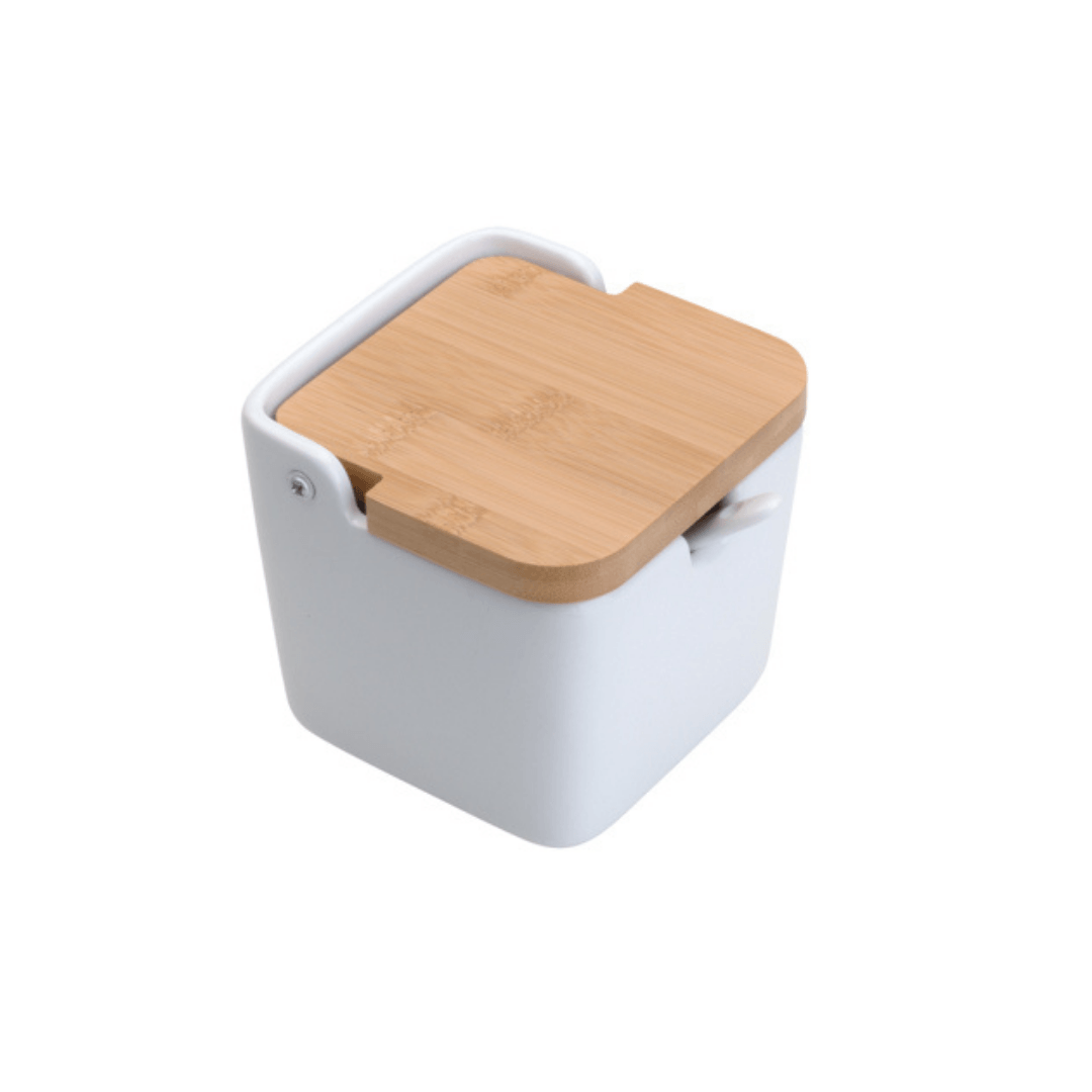 Saleiro de Mesa Ceramica com Tampa e Colher Branca 400ml