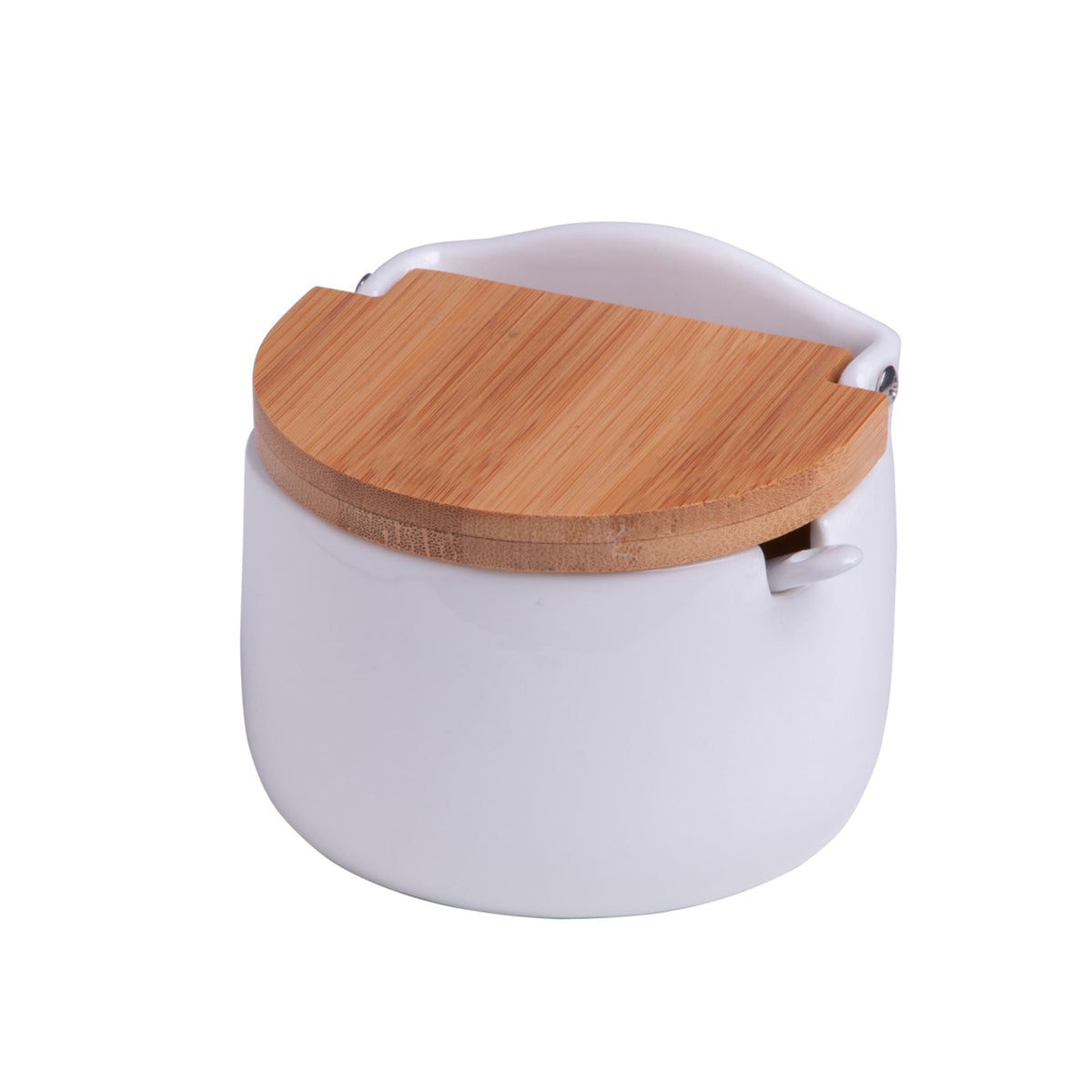 Saleiro de Mesa em Cerâmica com Tampa de Bambu e Colher Branco 10cm