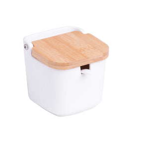 Saleiro de Mesa em Cerâmica com Tampa de Madeira e Colher Branco 9cm