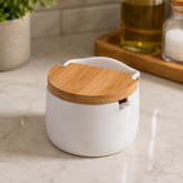 Saleiro de Mesa em Cerâmica com Tampa de Bambu e Colher Branco 10cm