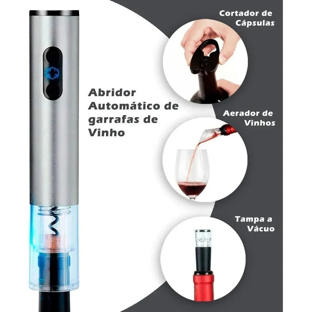 Kit Abridor de Vinho Elétrico Automático Inox 4 Peças