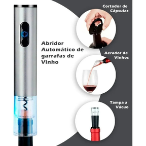 Kit Abridor de Vinho Elétrico Automático Inox 4 Peças