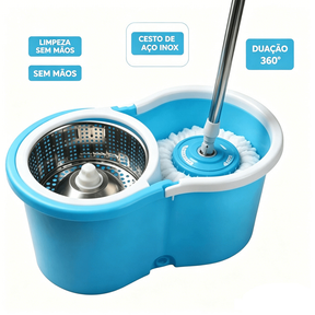 Kit Mop Giratório Com Balde e Cesto de Centrifugação Em Inox