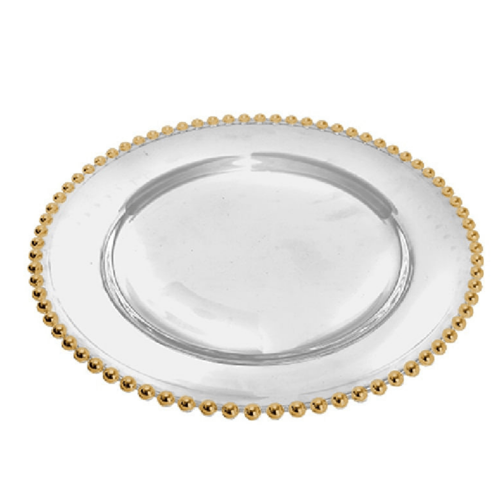 Sousplat Bolinha Em Cristal Ecológico Natural e Borda Dourada - 31,5 Cm