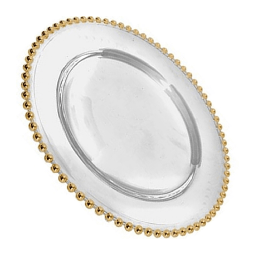 Sousplat Bolinha Em Cristal Ecológico Natural e Borda Dourada - 31,5 Cm