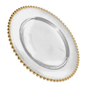 Sousplat Bolinha Em Cristal Ecológico Natural e Borda Dourada - 31,5 Cm