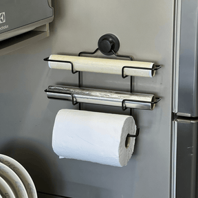 Suporte de Rolos Triplo para Papel Toalha/Alumínio/PVC com Ventosa Preto Fosco