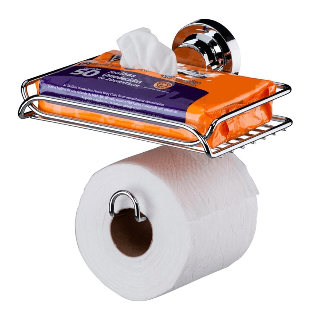 Suporte Papel Higiênico Porta Objetos Ventosa Cromado