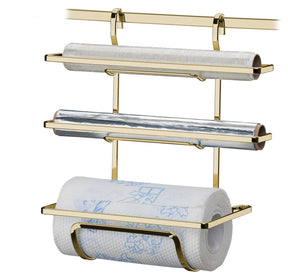 Suporte Porta Rolos Triplo Papel Toalha Alumínio e PVC Para Barra Luxo Dourado