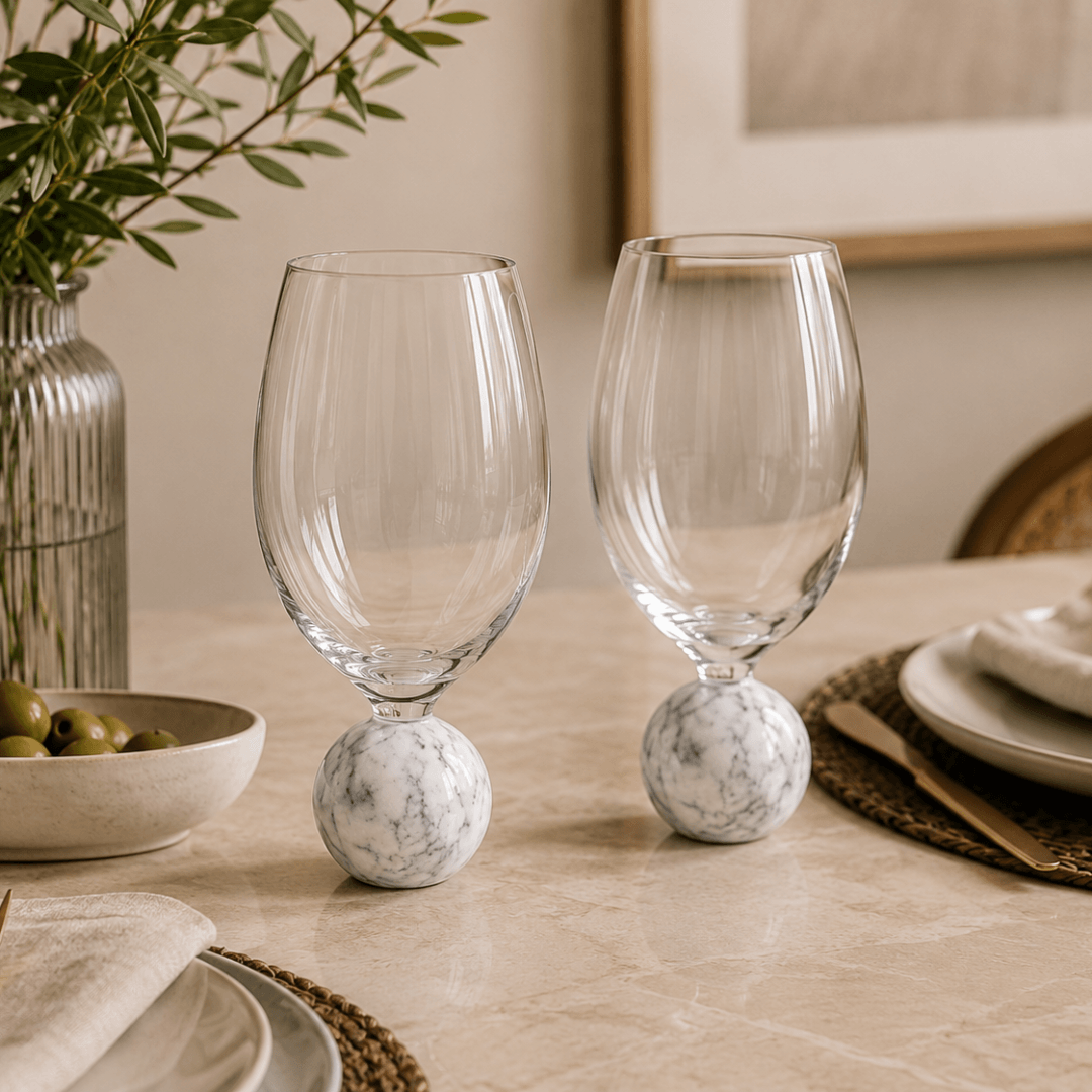 Jogo 2 Taças Base Esfera para Vinho Cristal e Marmore Branco 520ml
