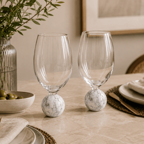 Jogo 2 Taças Base Esfera para Vinho Cristal e Marmore Branco 520ml