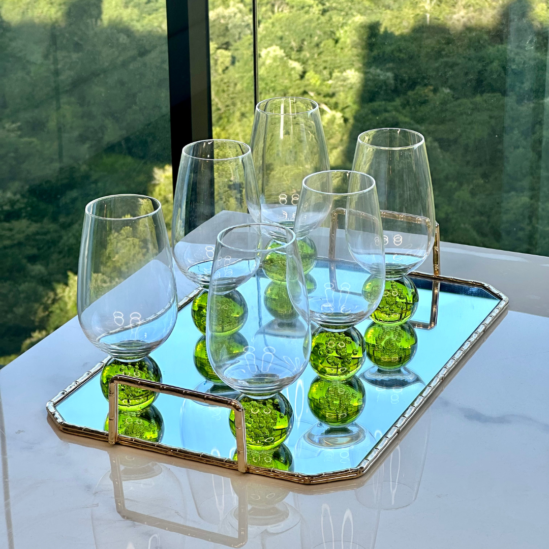 Jogo 6 Taças Base Esfera Verde e Transparente 580ml