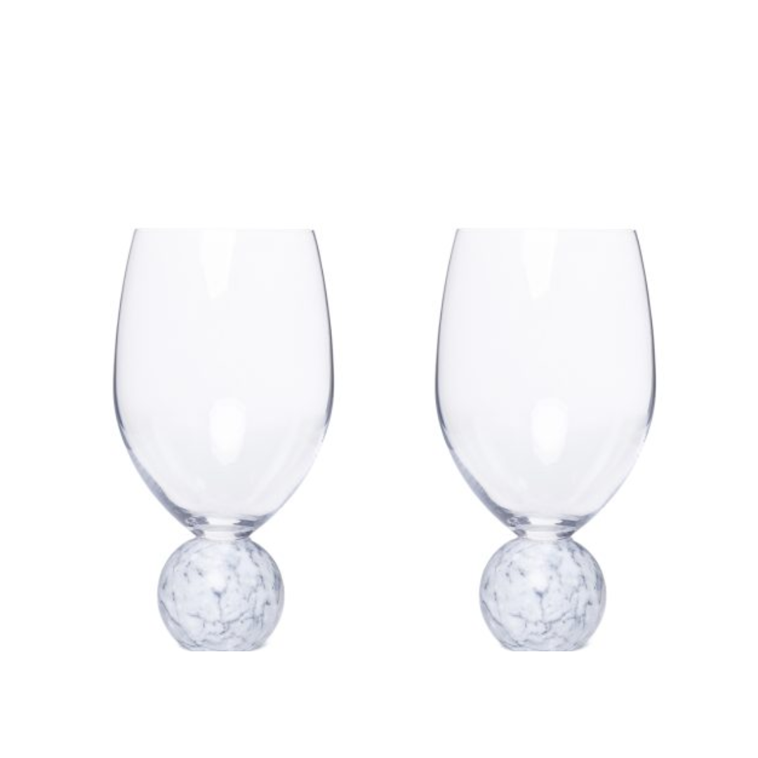 Jogo 2 Taças Base Esfera para Vinho Cristal e Marmore Branco 520ml
