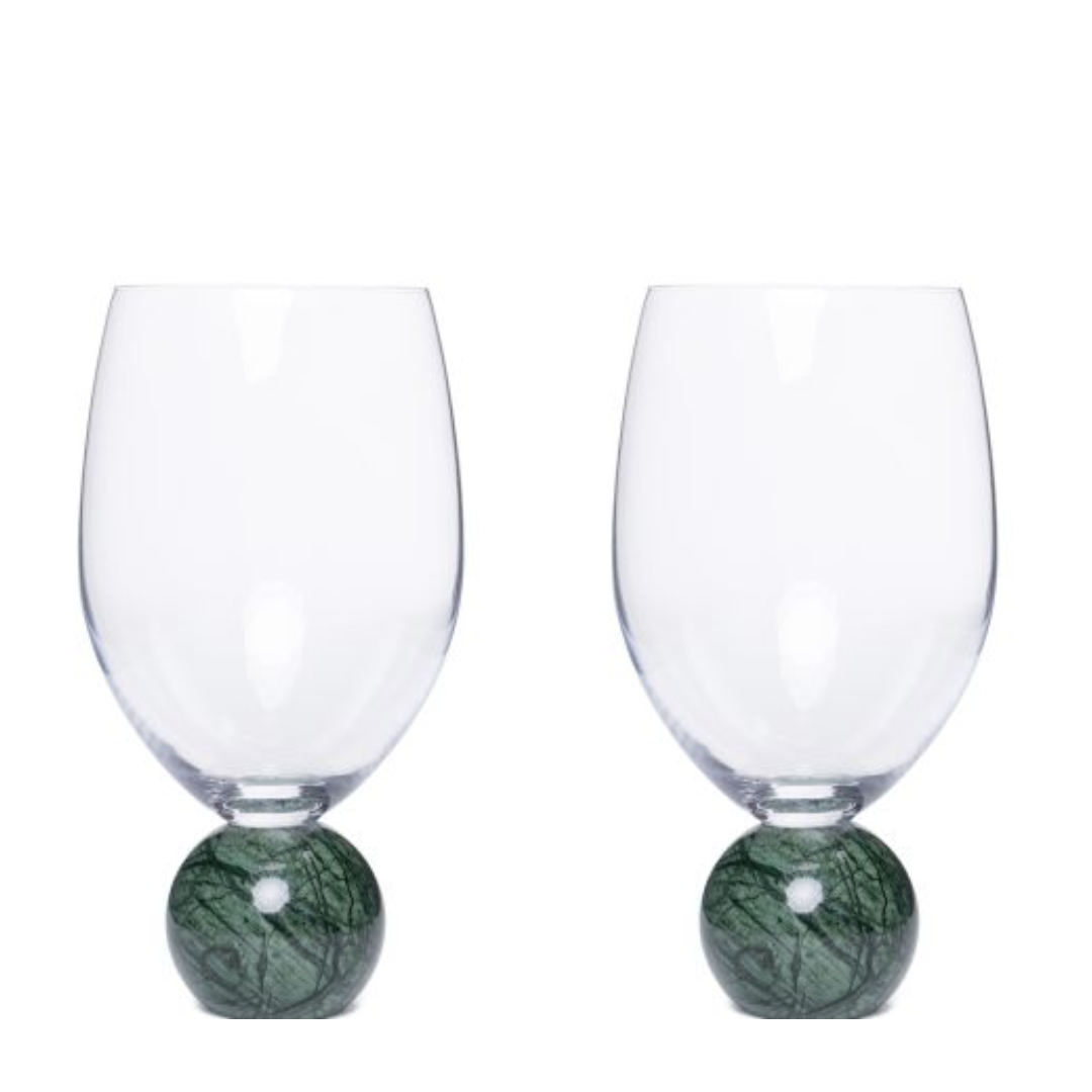 Jogo 2 Taças Base Esfera para Vinho Cristal e Marmore Verde 520ml