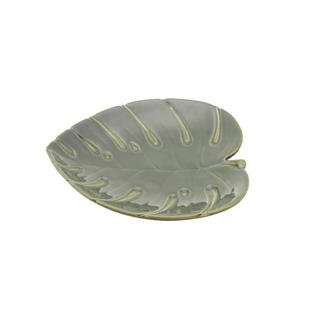 Travessa Folha Decorativa de Cerâmica Costela De Adão Leaf Verde 22 cm