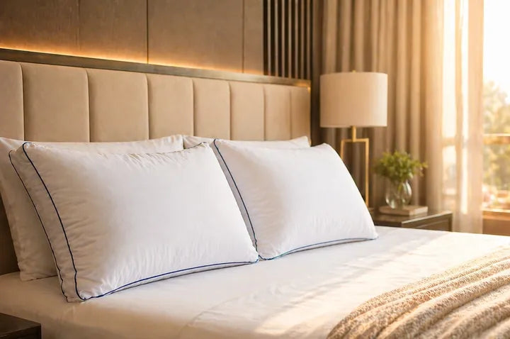 Cama de casal arrumada com dois travesseiros brancos de vivo azul-marinho sob luz quente