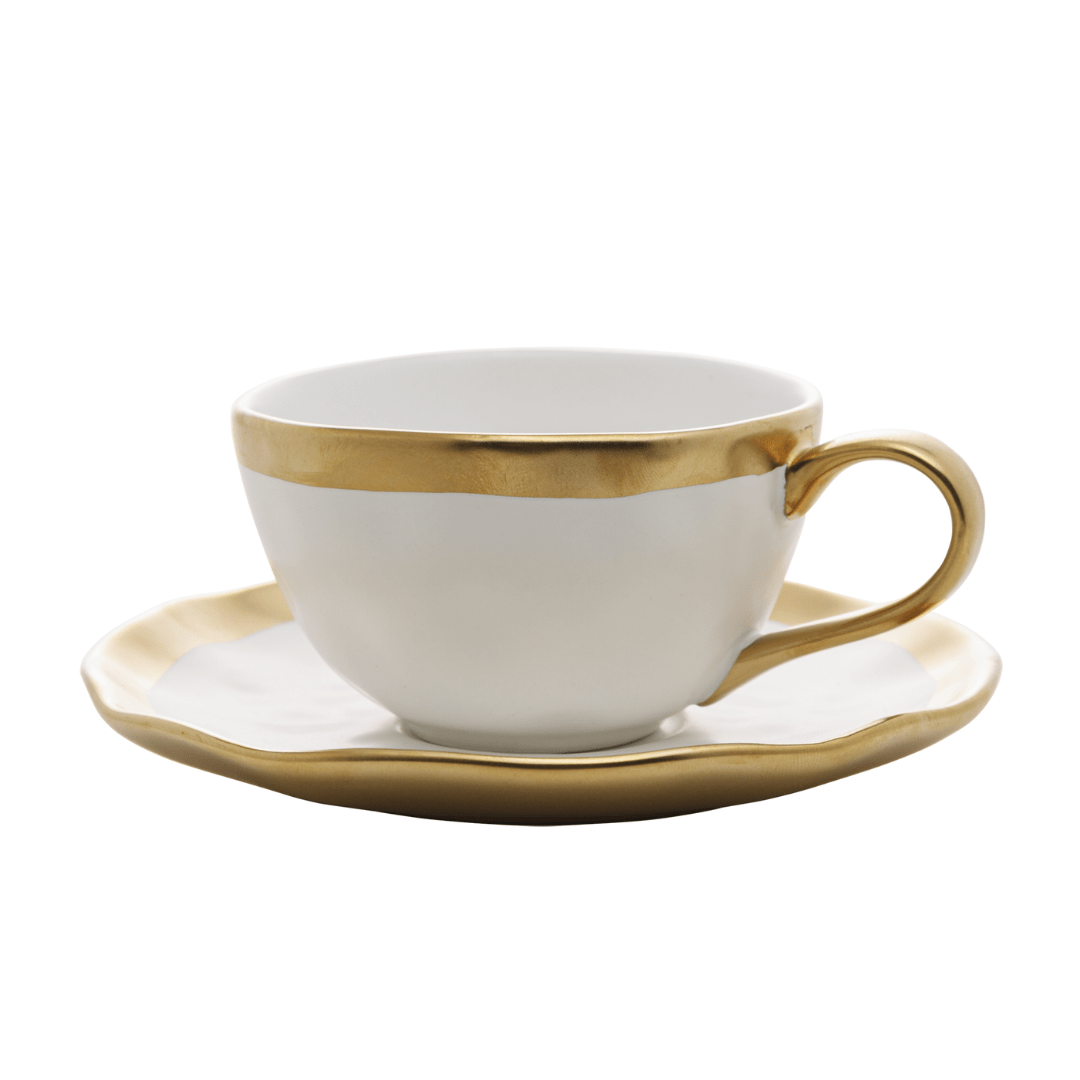 Xícara de Café com Pires em Porcelana Dubai Branco e Dourado 90ml