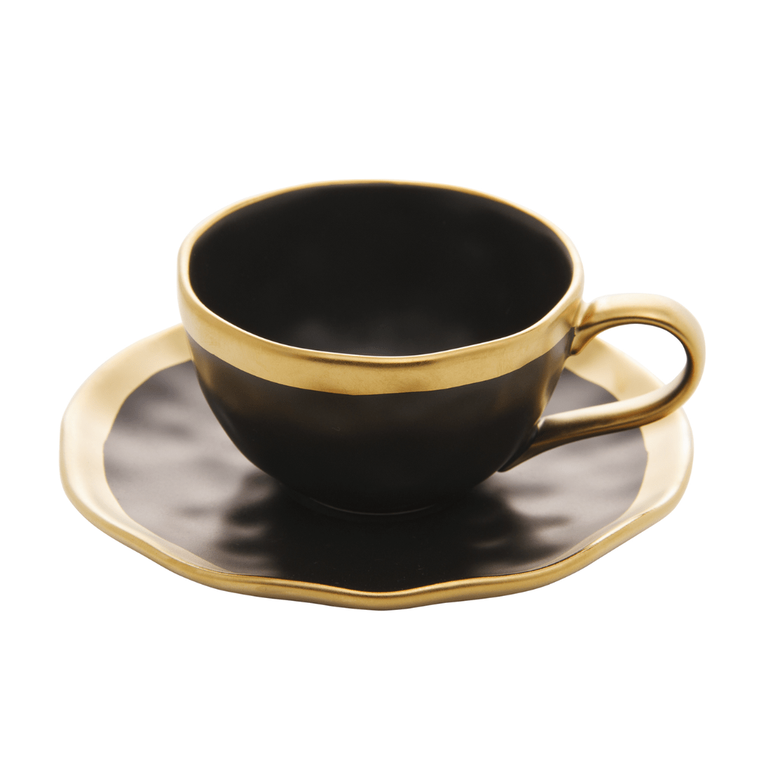 Xícara de Café com Pires em Porcelana Dubai Preto e Dourado 90ml