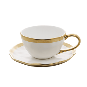 Xícara de Chá com Pires em Porcelana Dubai Branco e Dourado 200ml