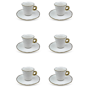 Jogo 6 Xicaras de Café com Pires Cerâmica Branco e Dourado 80ml